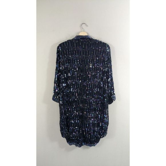 Oilslick rainbow Sequined Beaded long Silk Black Goddess Cardigan Jacket Vintage - Picture 6 of 16